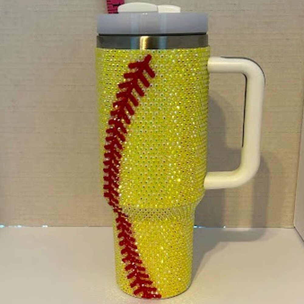 ✨ 40oz Rhinestone Softball Bling Tumbler w/ Handle | SEM LIFE